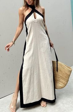 Robes Glamour, Loose Maxi Dress, Maxi Dress Sale, Color Block Design, Vacation Wear, Linen Maxi Dress, Linen Style, Loose Outfit, Patchwork Dress