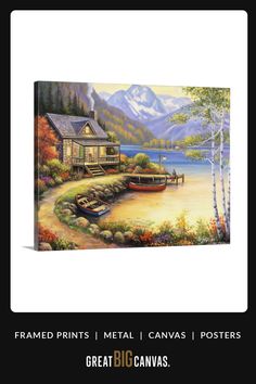 a painting of a boat on the water next to a house with mountains in the background