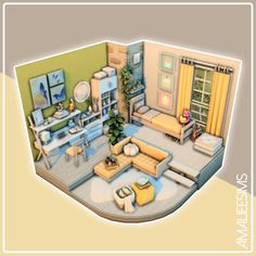 an image of a living room with furniture and decor on the walls in pastel colors