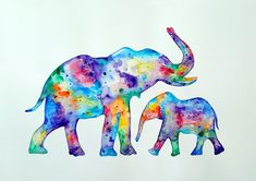 an elephant and her baby are painted in bright colors