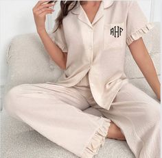 Monogram Ruffle Pajamas | Monogram Markets Monogram Pjs Pajama Set, Elegant Relaxed Fit Sleepwear For Loungewear, Monogram Pjs, Monogram Pajamas, Ruffle Pajamas, Bridesmaids Pajamas, Cutesy Outfit, 2024 Wardrobe, Monogrammed Pajamas