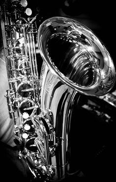 black and white photograph of a saxophone