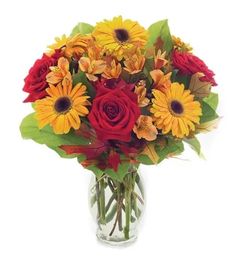 a vase filled with red and yellow flowers