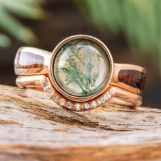 Moss Agate Bridal Set Ring Armor, Outdoors Style, 14k Rose Gold Ring, Handcrafted Rings, Round Rings, Rose Gold Jewelry, Bridal Set, Moss Agate, Bridal Sets