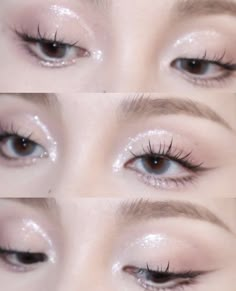 Douyin Glitter Eye Makeup, White Glitter Makeup Looks, White Douyin Makeup, Light Glitter Eye Makeup, Korean Makeup On White People, Douyin Makeup On White Person, White Glitter Makeup, White Eyeshadow Makeup, White Glitter Eyeshadow