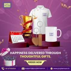 a purple background with the words happiness delivered through thoughtful gifts, order now on it