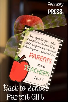 back to school parent gift with an apple and teacher's note hanging from it