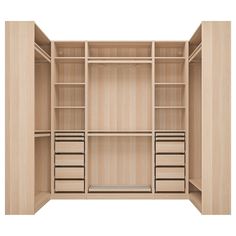 an empty wooden closet with drawers and shelves