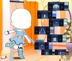 a cartoon character standing in front of a wall with many different items on it's face