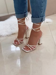 Heel Inspo Aesthetic, Cute Heels For Graduation, Heals For Graduation, Cute Block Heels, Grad Shoes Heels, Heals For Dresses, Lace Up Heels Outfit Dress, White Heels Prom, White Dress White Heels