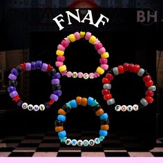 Bracelets for the fnaf lovers… the og animatronics! 4 Matching Bracelets, Fnaf Friendship Bracelet, Fnaf Bead Bracelets, Brainrot Bracelets, Kandi For Beginners, Cartoon Bracelet Ideas, Kandi Bracelets Matching, Fnaf Craft Ideas