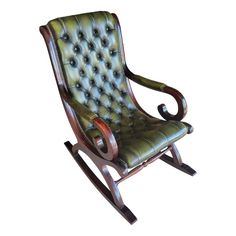 a green leather rocking chair with wooden legs and arms, on an isolated white background