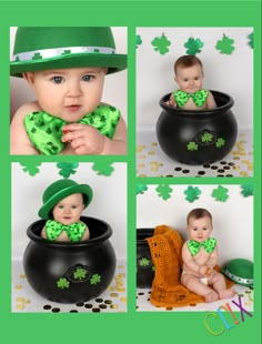 a collage of photos with a baby in a pot and shamrocks on it