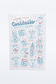 a tea towel with cocktails on it and the words know your cocktails written in blue