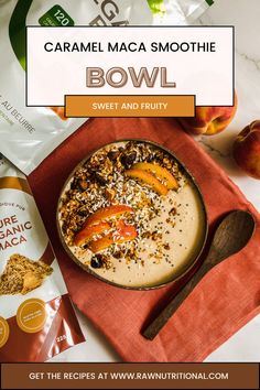 a bowl of oatmeal with peaches and granola on the side