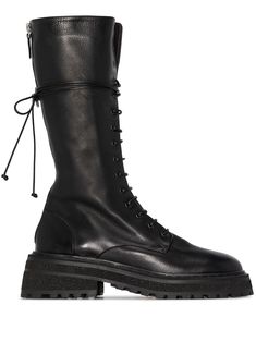 black leather round toe front lace-up fastening rear zip fastening calf-length low block heel ridged rubber sole Lace Up Riding Boots, Miu Miu Shoes, Boot Bag, Boots Outfit, Lace Up Boots, Boot Shoes Women, Knee Boots, Riding Boots, Black Boots