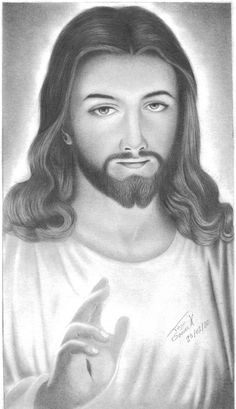 a drawing of jesus holding his hand up to the side with one finger in front of him