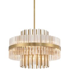 a gold chandelier with clear glass strips hanging from the bottom, on a white background