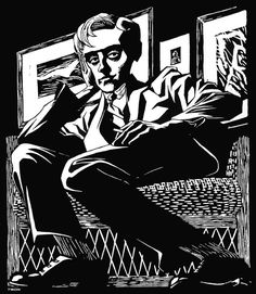 a black and white drawing of a man sitting in front of a window with his legs crossed