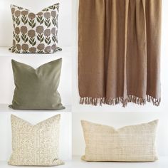 four pillows with different patterns on them, one in brown and the other in green