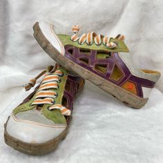 The Art Company Shoes Cut Out Geometric Colorful Multimedia Leather, Suede, Rubber Shoes. Size 38/8 Fantastic Preloved Condition Rare Hard To Find Crazy Laces Lots Of Cushion Slight Wear Artsy Sneakers With Rubber Sole And Round Toe, Multicolor Leather Closed Toe Sneakers, Multicolor Leather Sneakers, Rubber Shoes, Green Shoes, Green And Purple, Pink And Green, Cut Out, Women Shoes