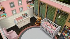 the baby's room is decorated in pink and white