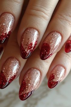 Red Nails Ideas 2024 Tip Nails Ideas, French Tip Nails Ideas, Red Nails Ideas, Red French Tip Nails, Prom Things, Red French Tip, Nails Medium Almond, Red And Gold Nails, Nails Valentines