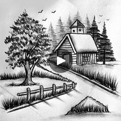 a drawing of a house in the snow with trees and birds flying over it,