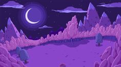 a purple landscape with mountains and trees at night