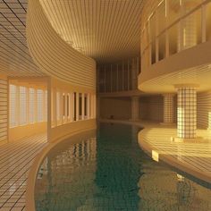 an indoor swimming pool in the middle of a building with tiled walls and flooring