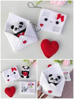 crocheted panda bear in envelope with heart