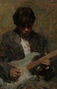 a painting of a man playing an electric guitar