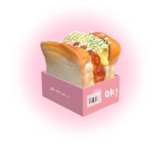 a hot dog with mustard and ketchup in a pink box on a white background