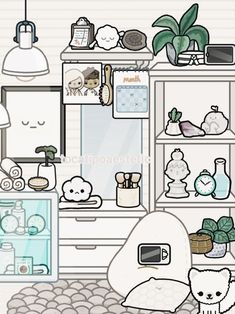 a drawing of a kitchen with various items on the shelves and in front of it is a teddy bear