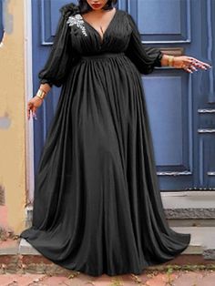 Elegant Plus Size V Neck Ruched Maxi Dress Classy Womens Dresses, Plus Size Prom Dress, Neck Flower, Ruched Maxi Dress, Plus Size Prom, Plus Size Party Dresses, Plain Dress, School Dresses, High Waist Dress