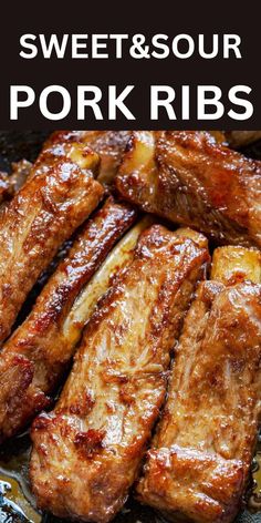 sweet and sour pork ribs on a plate with text overlay that reads, sweet and sour pork ribs