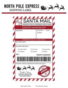 the north pole express shipping label for santa mail is shown in red and white stripes