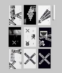 several black and white posters with different designs