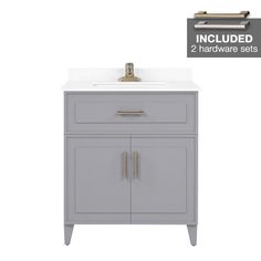 an image of a bathroom vanity with two drawers and a sink in grey color, including the