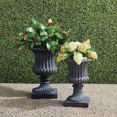 two black vases with flowers in them sitting on a concrete surface next to a hedge