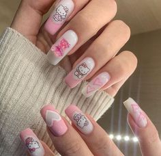 Paznokcie Hello Kitty, Hello Kitty Nails Art, Kitty Nails, Nail Art Glitter, Anime Nails, Her Nails, Hello Kitty Nails, Really Cute Nails, Crazy Nails