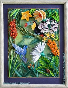 a painting of flowers and birds in a white frame on a green background with blue trim