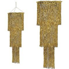 two gold colored chandeliers hanging from strings on a white background, one is made out of tinsel and the other has fringes