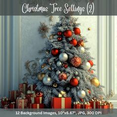 a christmas tree sitting in front of a window with presents under it and the words, christmas tree settings 2