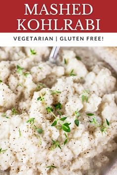 mashed kohlrabi in a bowl with herbs on top