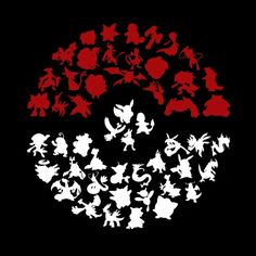 the silhouettes of various pokemon characters are arranged in a circle on a black background