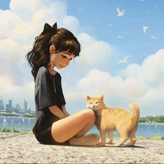 a painting of a woman sitting on the beach with a cat next to her and birds flying in the background