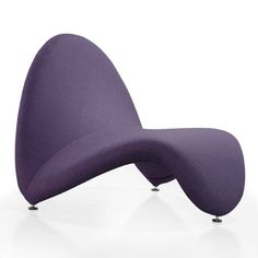 a purple curved chair sitting on top of a white floor