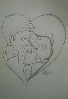 a drawing of a man and woman holding a baby in the shape of a heart