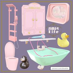 there is a bathroom with pink furniture and accessories